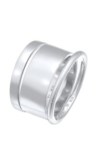 Anello in argento sterling con una finitura liscia e lucida, caratterizzato da un design cilindrico e da un sottile band intersecato. Tra i segni c'è "925."