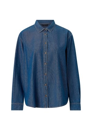 Long-sleeve denim shirt with button-down front, pointed collar, and visible stitching on sleeves and front placket.