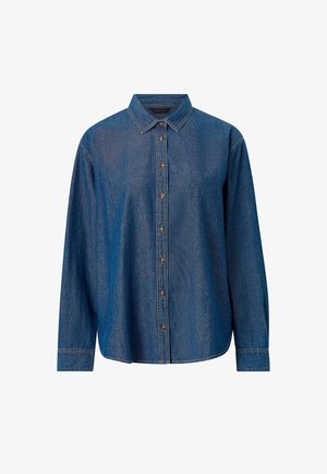 Long-sleeve denim shirt with button-down front, pointed collar, and visible stitching on sleeves and front placket.