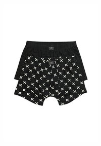 Deux paires de boxers : une noire unie, l'autre noire avec un motif en forme de "X" blanc. Matériau en coton, taille élastique, design décontracté.