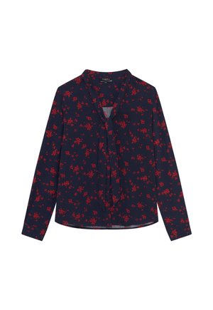 Blusa blu navy con stampa floreale rossa, maniche lunghe, colletto con dettagli a cravatta e orlo leggermente curvo. Realizzata in tessuto leggero e fluido.