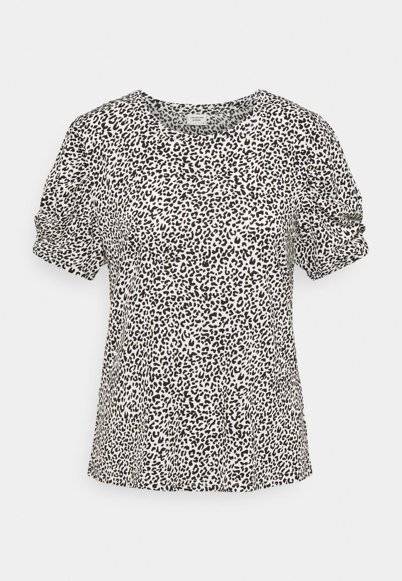 Kortärmad topp i lätt tyg med ett svart-vitt leopardmönster, rund halsringning och volanger på ärmarna.