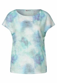 Kortärmad kvinnoshirt med blå och lila tie-dye-mönster och texten "Nautical Dreams" på bröstet.