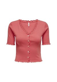 Cardigan à manches courtes de couleur corail avec une texture côtelée, un décolleté en V, une fermeture à boutons et des bords festonnés aux manches et à l'ourlet.