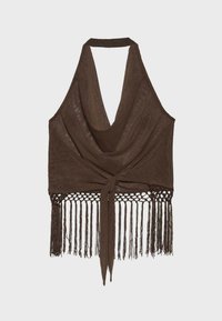 Haut marron sans manches à col halter profond en V, noué devant, avec une longue frange décorative le long de l'ourlet inférieur.
