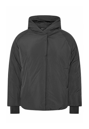 Schwarze gepolsterte Kapuzenjacke mit Reißverschluss vorne, elastischen Bündchen und einer Tasche. Hergestellt aus glattem, leichtem Material mit minimalistischem Design.
