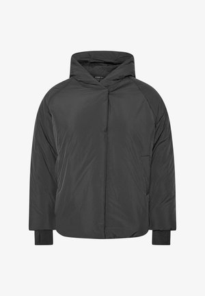 Zwarte gewatteerde hoodie met een rits aan de voorkant, elastische manchetten en een zak. Gemaakt van gladde, lichte stoffen met een minimalistisch ontwerp.