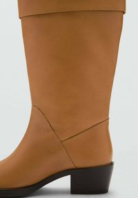 Botte haute marron en cuir lisse, avec un bout arrondi et un petit talon épais. Le design comprend un détail de couture subtil le long de la tige.