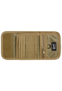 Tan fabric wallet with multiple card slots, a zippered pocket, and velcro panel. Features smooth texture and stitched edges. Brand label present.
