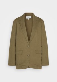 Olivgrön linneblazer med notchad krage, enkelknäppt design, två framfickor och två runda knappar som stängning.
