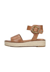 Bruine leren platform sandalen met een brede teband, een enkelband met een metalen gesp en een geweven jute tussenzool.