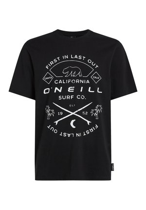 Juodas medvilninis marškinėlis su baltu grafiniu dizainu, kuriame pavaizduotas lokys, tekstas, palmės ir persidengę banglenčių lentos, laisvas kirpimas, trumpomis rankovėmis.