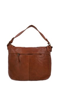 Brun läderaxelväska med en justerbar rem, stor huvudfack och framficka med dragkedja. Texturerad yta med subtil glans.