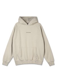 Light beige hoodie with a front pocket, ribbed cuffs, and a drawstring hood. Features black "PEGADOR" text on the chest. Soft fabric texture.