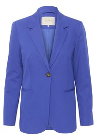 Blazer blu con chiusura a un bottone, rever a alette e due tasche frontali. Realizzato in tessuto morbido, presenta una vestibilità su misura.
