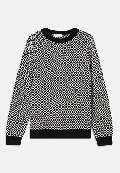 Black and white knitted sweater featuring a diamond pattern, round neckline, and ribbed cuffs and hem. Designed with long sleeves.
