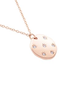 Rosegold-Halskette mit einem ovalen Anhänger, der sechs Strahlenmuster aufweist, von denen jedes mit einem kleinen klaren Edelstein besetzt ist. Kette mit verknüpften Elementen.
