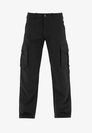 Schwarze Cargo-Hosen aus strapazierfähigem Stoff, mit mehreren Seitentaschen, regulärer Passform und geradem Bein.