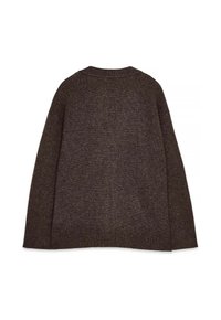 Maglione marrone a maglia con una vestibilità morbida, caratterizzato da maniche lunghe, scollatura rotonda e polsini e orlo a coste. Superficie liscia senza motivi.