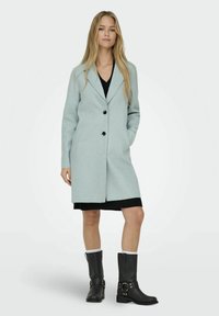 Cappotto di lana azzurro chiaro con colletto a punta, due bottoni neri, tasche laterali e taglio dritto, abbinato a stivali neri e a un vestito.