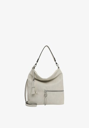 Vaaleanbeige nahkainen olkalaukku, jossa on hapsukoriste, etutaskun vetoketju ja säädettävä olkahihna.