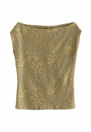 Olijfgroene top van een textuurstof met bloemborduursels in een lichtere tint. Off-the-shoulder ontwerp met een losse pasvorm.
