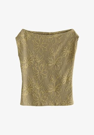 Olijfgroene top van een textuurstof met bloemborduursels in een lichtere tint. Off-the-shoulder ontwerp met een losse pasvorm.
