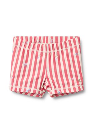 Czerwono-kremowe kąpielówki w paski z kwiatowymi wzorami, elastycznym pasem i miękką tkaniną. Zaprojektowane z myślą o wygodzie i elastyczności.