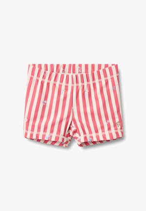 Piros és krémszínű csíkos úszónadrág virágmintákkal, gumis derékrésszel és puha anyagból. Kényelmet és rugalmasságot biztosít.