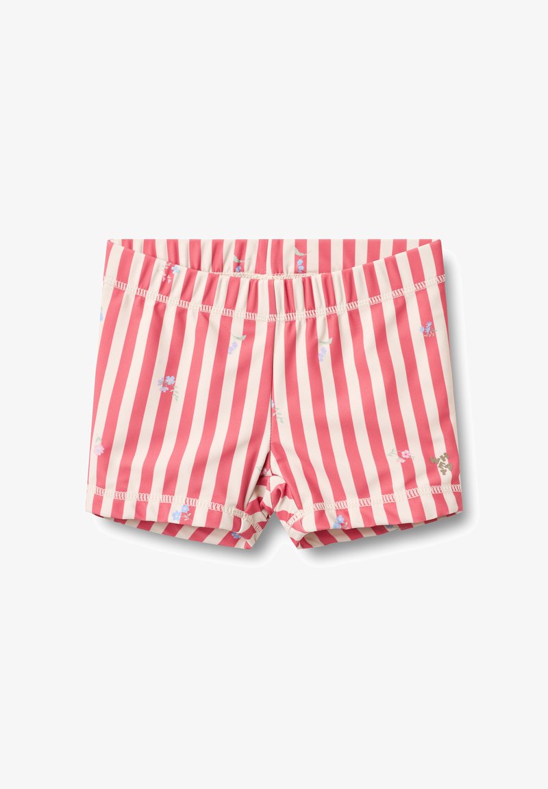 Shorts de bain à rayures rouges et crème avec motifs floraux, taille élastique et tissu doux. Conçus pour le confort et la flexibilité.