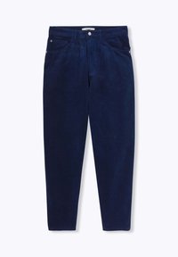 Pantalons en velours côtelé bleu marine à coupe droite, dotés de cinq poches et d'un zip. Texture douce avec des côtes et un éclat subtil.