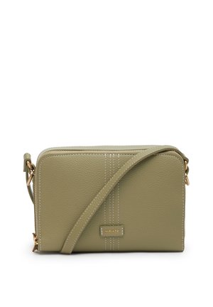 Piccola borsa a tracolla in pelle verde oliva con dettagli in metallo dorato, cuciture bianche verticali e una targhetta frontale con logo recante la scritta "MIRIADE."