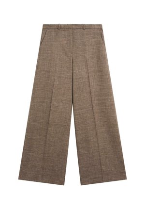 Pantalon brun à jambes larges en tissu texturé. Comprend des poches avant et une ceinture plate avec passants pour ceinture.