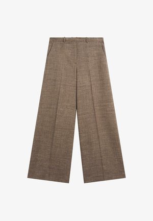 Bruine wijde broekspijpen gemaakt van gestructureerde stof. Heeft voorzakken en een platte tailleband met riemlussen.