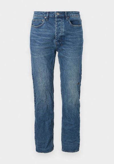 Blue denim jeans with a straight cut, featuring a faded wash, five pockets, and a standard button and zipper closure.