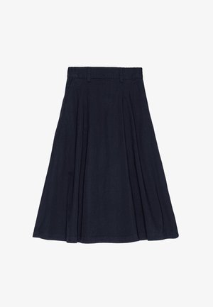 Donkerblauwe knielange geplooide rok met riemlussen en zijzakken, weergegeven op een witte achtergrond.