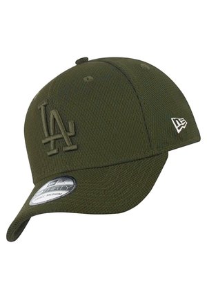 Olive green cap with LA logo, textured fabric, curved brim, adjustable strap, and small circular logo on the side.