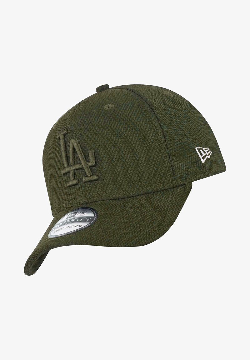 Olive green cap with LA logo, textured fabric, curved brim, adjustable strap, and small circular logo on the side.