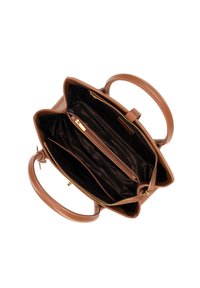 Borsa a mano in pelle marrone con due manici, aperta per mostrare l'interno in tessuto nero e il vano centrale con zip e tirazip dorato.