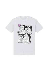 Bílé bavlněné tričko s černými a fialovými grafickými potisky postav Monster High, textu a propracovaných designových prvků, včetně pavučiny.