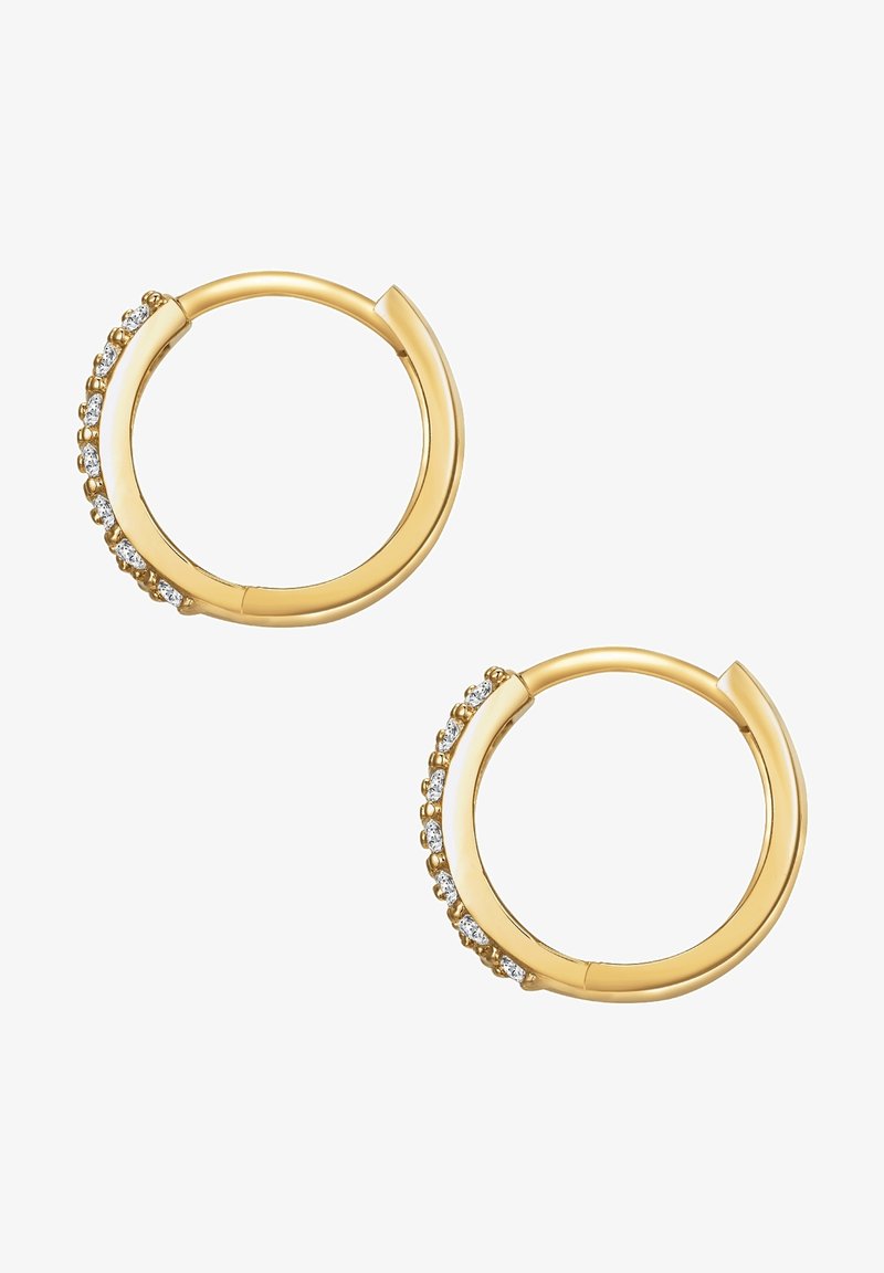 Gul hoops øreringe med en glat overflade og en række klare ædelsten langs den ene side, der skaber en subtil, elegant accent.