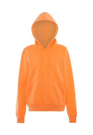Fel oranje capuchontrui met lange mouwen, voorkantzak en trekkoord op een witte achtergrond.