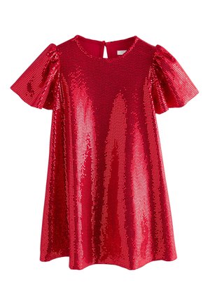 Vestito rosso a maniche corte coperto di paillettes lucenti con scollo tondo e chiusura con bottoni sul retro.
