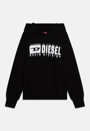 Felpa nera in cotone con un grande logo bianco "DIESEL" sulla parte anteriore e una tasca a marsupio. Polsini e orlo a coste.