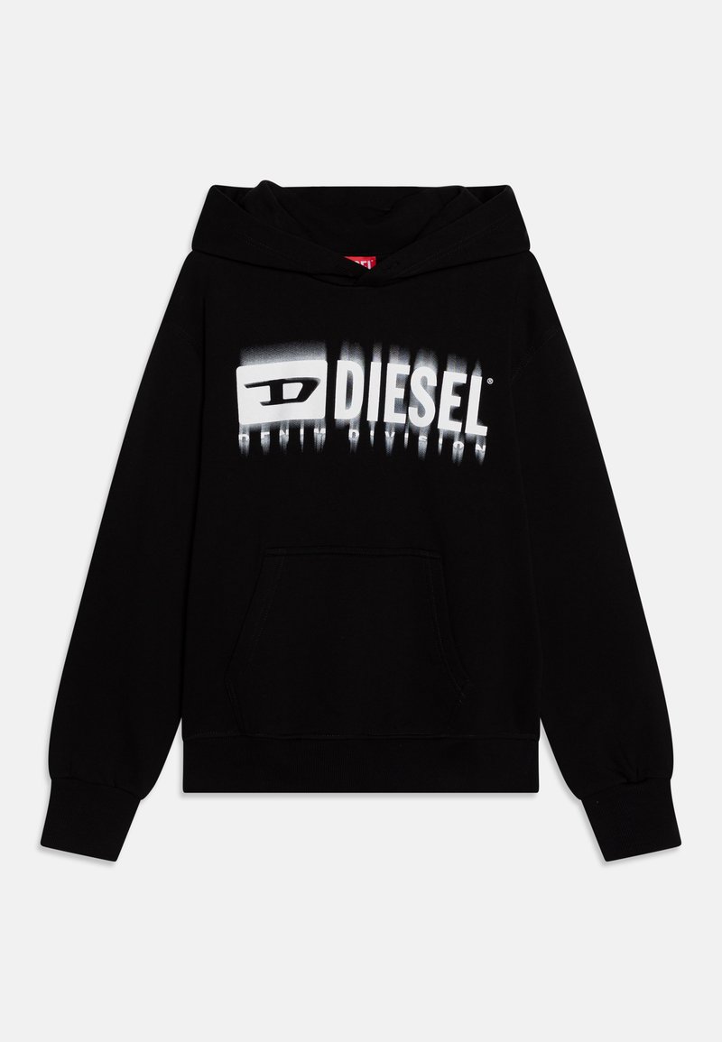 Fekete kapucnis pulóver, pamutból készült, nagy fehér "DIESEL" logóval az elején és kenguruzsebbel. Ráncolt mandzsetták és alj.