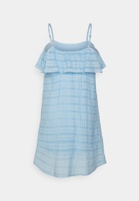 Vestido sem mangas, azul claro, com um top franzido. O tecido texturizado apresenta riscas verticais. Silhueta casual e fluida, com comprimento até ao joelho.