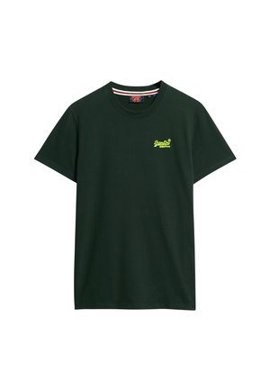 Dark green short-sleeve T-shirt with small yellow "SuperDry" logo and text on the left chest, round neckline with striped inner collar detail.