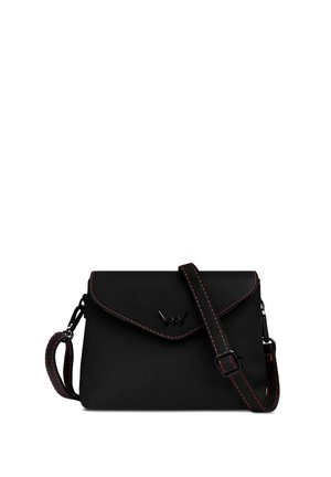 Black leather shoulder bag with red stitching, flap closure, and adjustable strap. Features a logo on the front. Compact and rectangular shape.