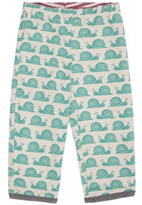 Pantaloni di cotone color crema chiaro con un motivo a lumache turchesi ripetitivo, con una vita elastica rosa e dettagli grigi all'orlo.