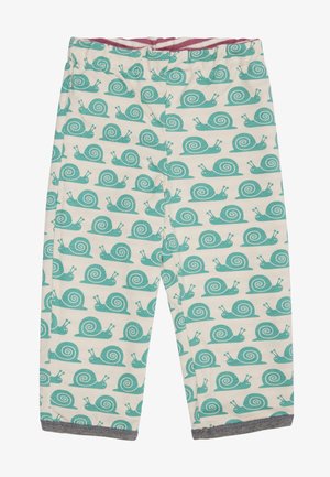 Pantaloni di cotone color crema chiaro con un motivo a lumache turchesi ripetitivo, con una vita elastica rosa e dettagli grigi all'orlo.